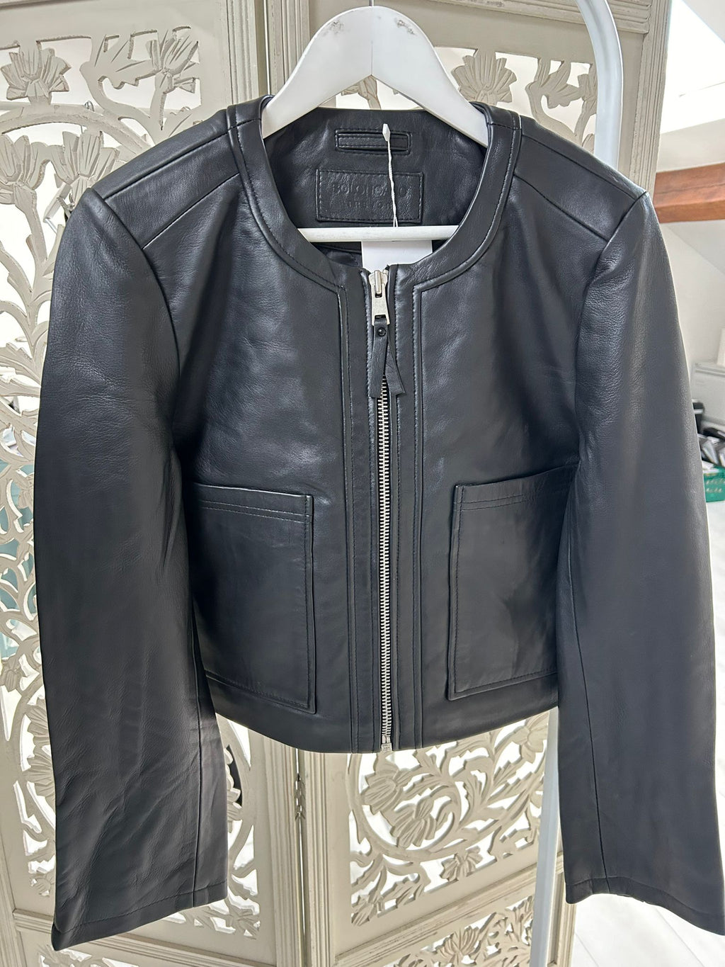 Bolongaro Trevor Round Neck Zip Through Leather Jacket-Black