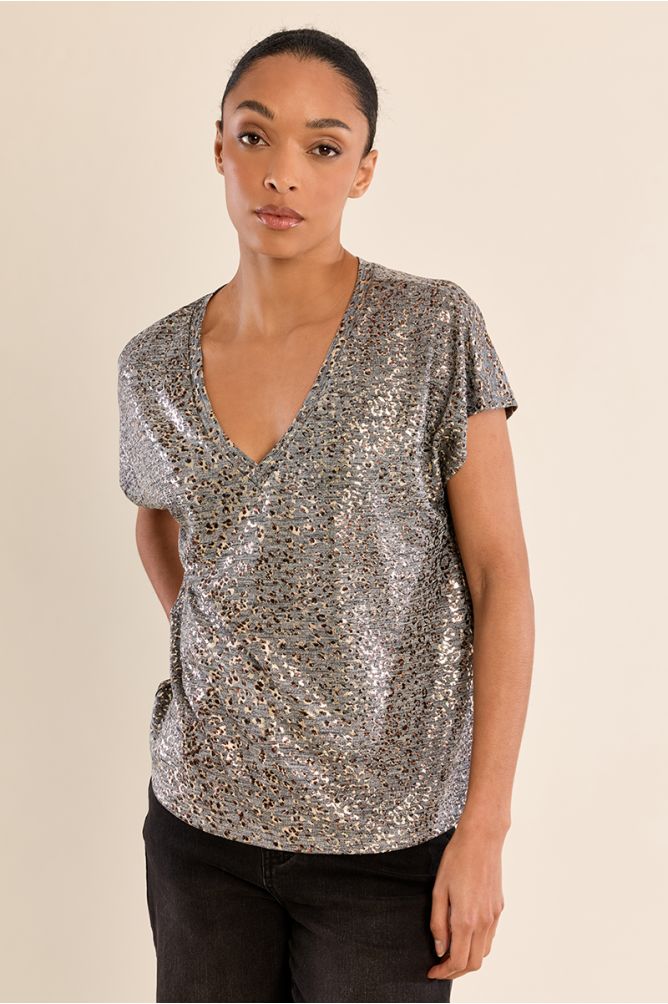 Molly Bracken Iridescent V Neck Top - Silver.