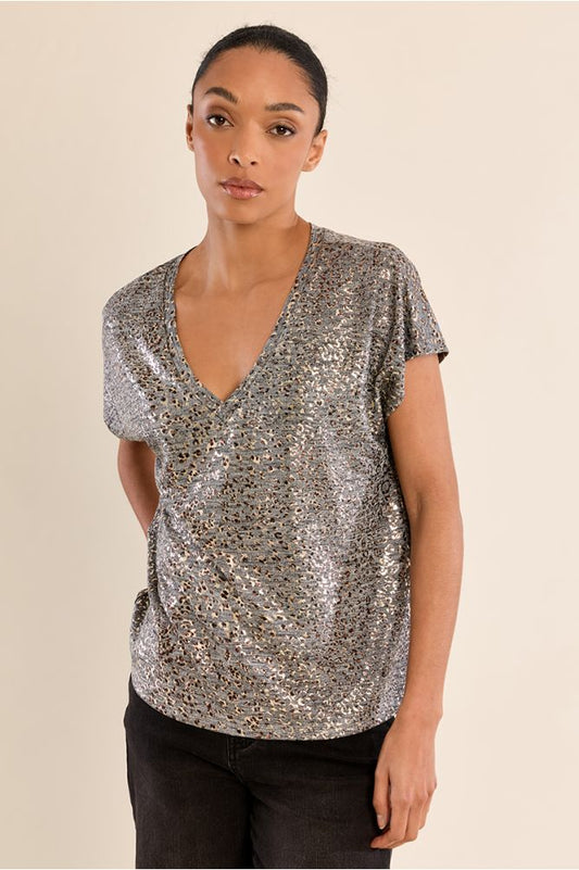 Molly Bracken Iridescent V Neck Top - Silver.