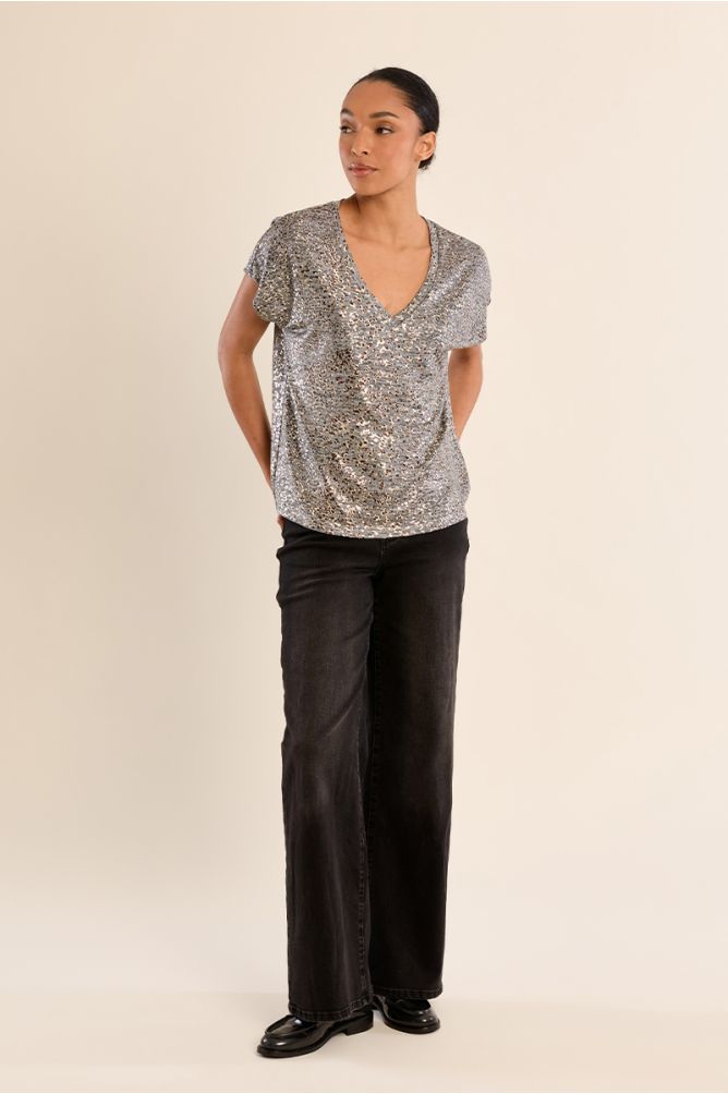 Molly Bracken Iridescent V Neck Top - Silver.
