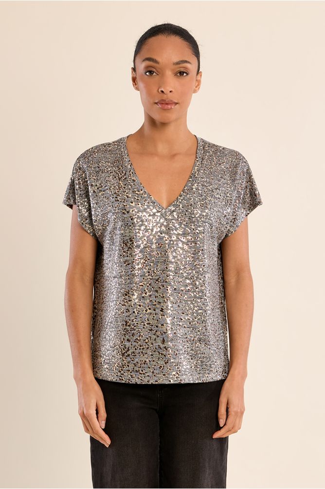 Molly Bracken Iridescent V Neck Top - Silver.