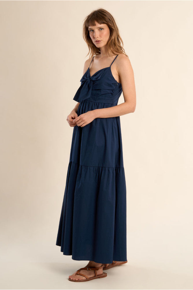 Molly Bracken Long Cotton Dress with Bow Detail - Navy.