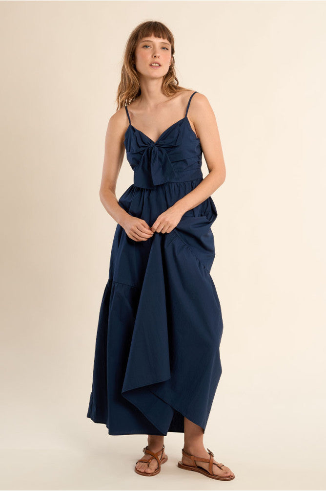 Molly Bracken Long Cotton Dress with Bow Detail - Navy.
