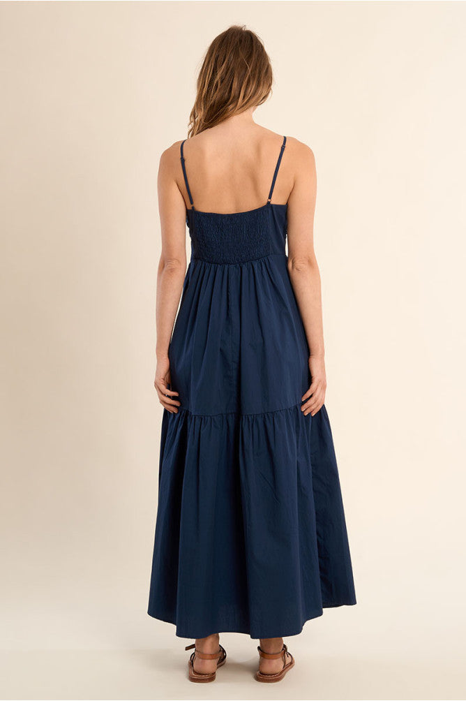 Molly Bracken Long Cotton Dress with Bow Detail - Navy.