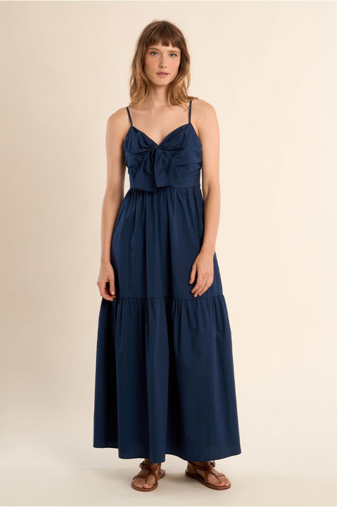 Molly Bracken Long Cotton Dress with Bow Detail - Navy.