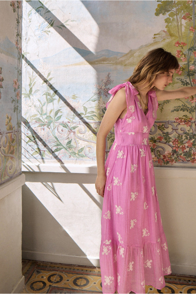 Molly Bracken V Neck Dress with Embroidery - Pink.