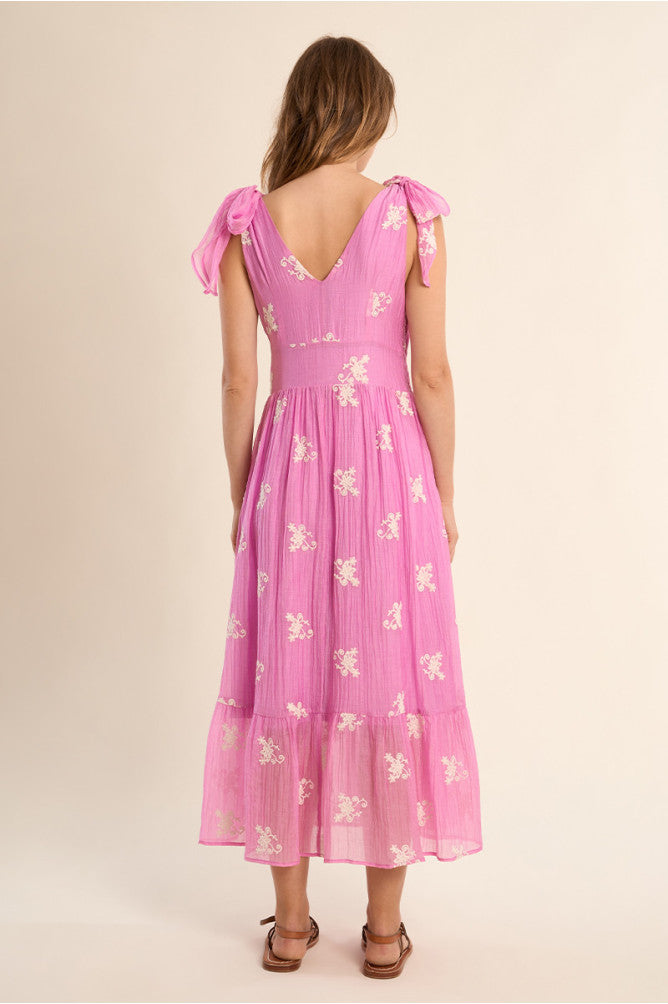 Molly Bracken V Neck Dress with Embroidery - Pink.