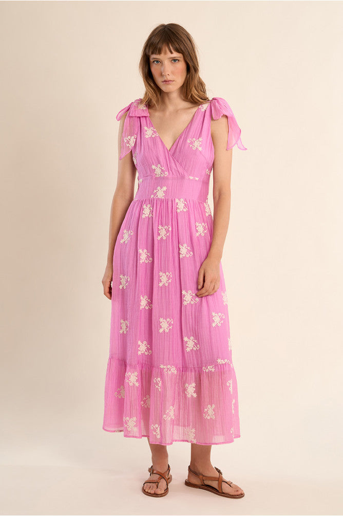 Molly Bracken V Neck Dress with Embroidery - Pink.