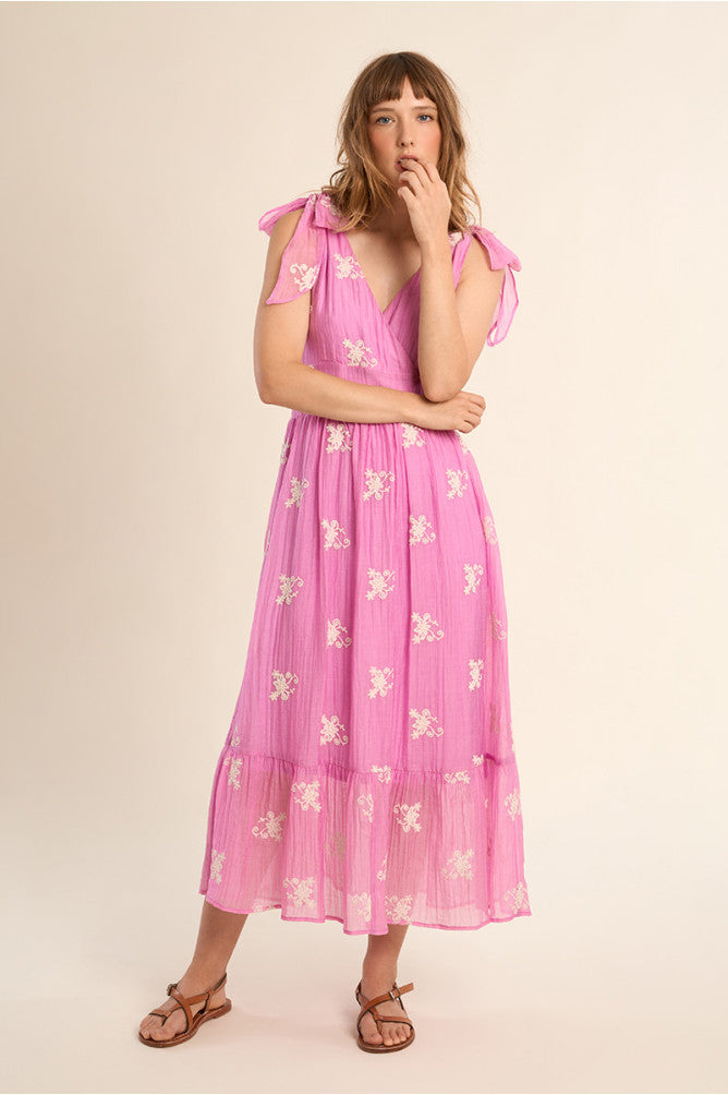 Molly Bracken V Neck Dress with Embroidery - Pink.
