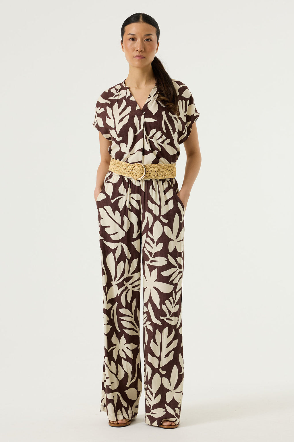 Garcia Ladies Trousers - Brown & Cream Leaf Print.