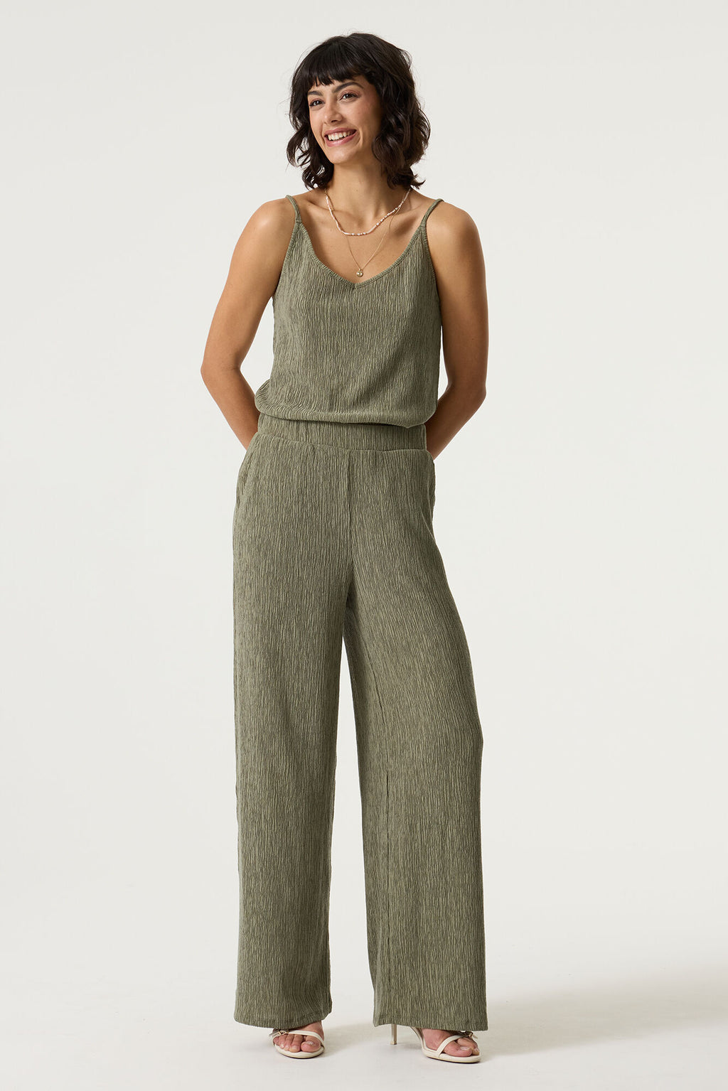 Garcia Wide Leg Trousers with Elasticated Waist Plisse Fabric - Olive