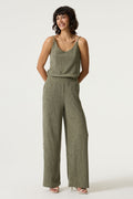 Garcia Wide Leg Trousers with Elasticated Waist Plisse Fabric - Olive