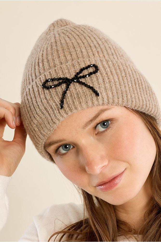 Molly Bracken Ribbed Knitted Hat with Bow - Beige.