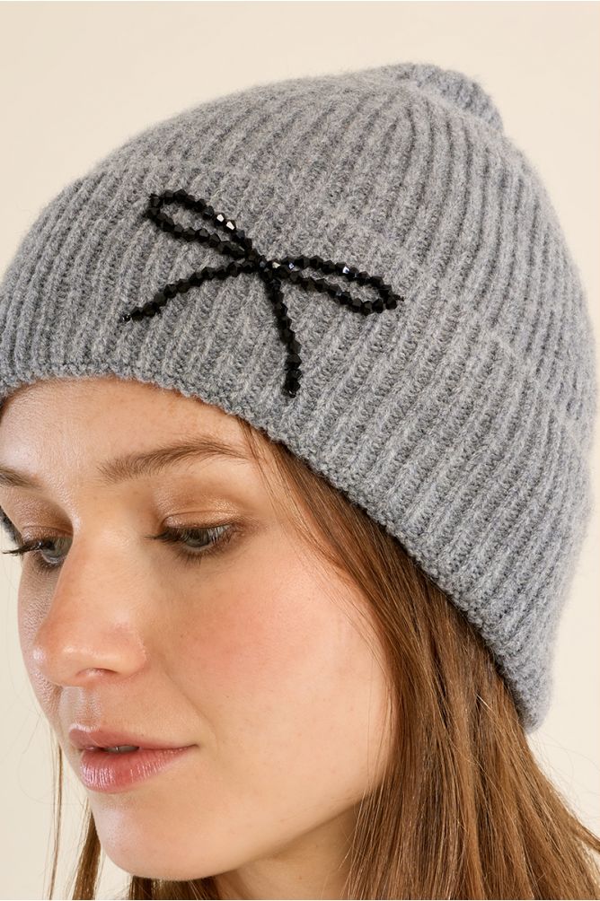 Molly Bracken Ribbed Knitted Hat with Bow - Grey.