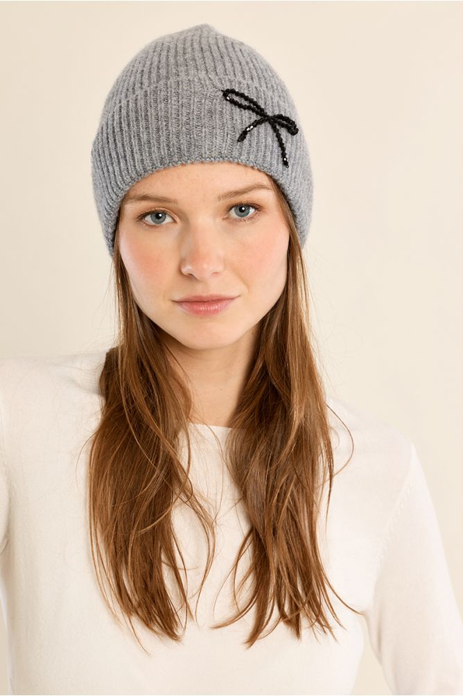 Molly Bracken Ribbed Knitted Hat with Bow - Grey.