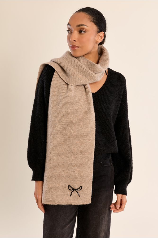 Molly Bracken Ribbed Knit Scarf with Bow Detail - Beige.