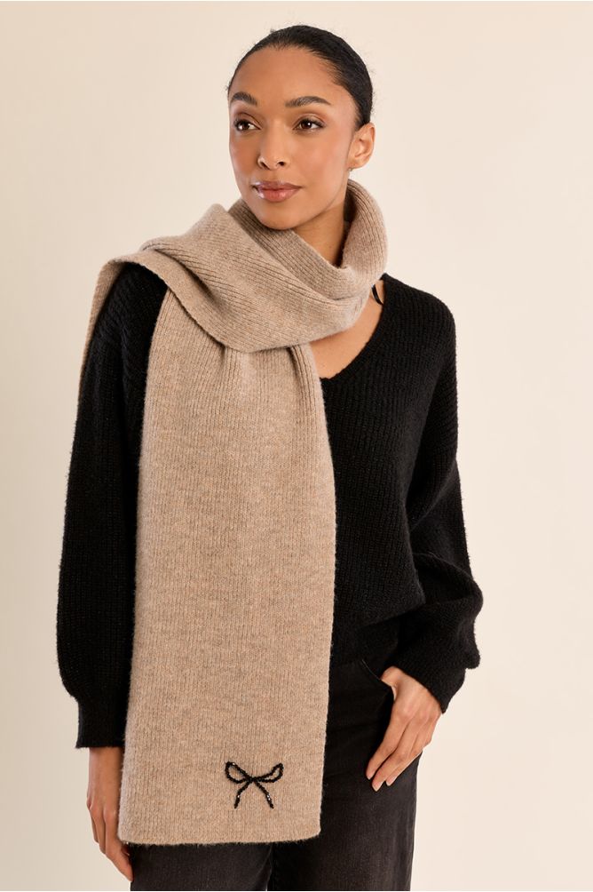 Molly Bracken Ribbed Knit Scarf with Bow Detail - Beige.