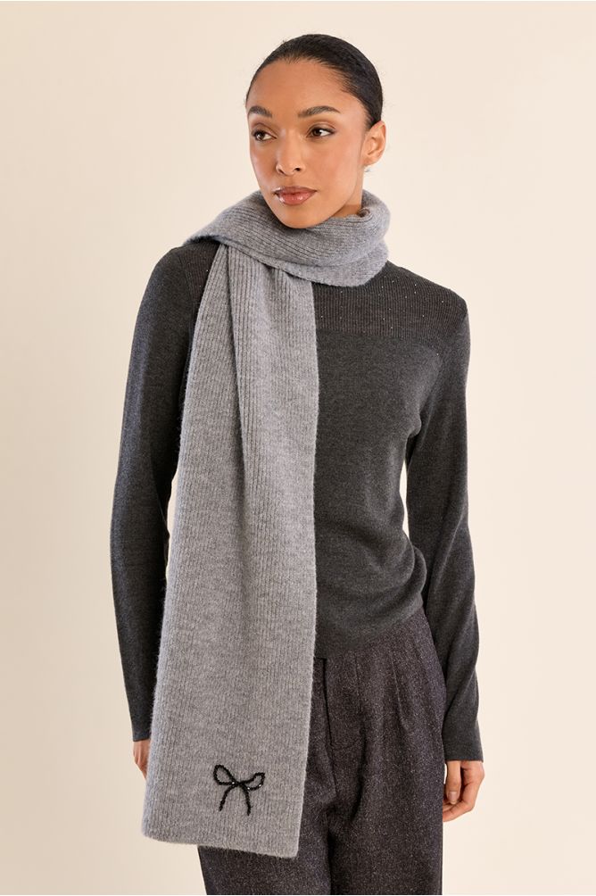 Molly Bracken Ribbed Knit Scarf with Bow Detail - Grey
