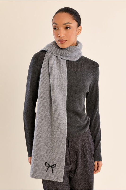 Molly Bracken Ribbed Knit Scarf with Bow Detail - Grey