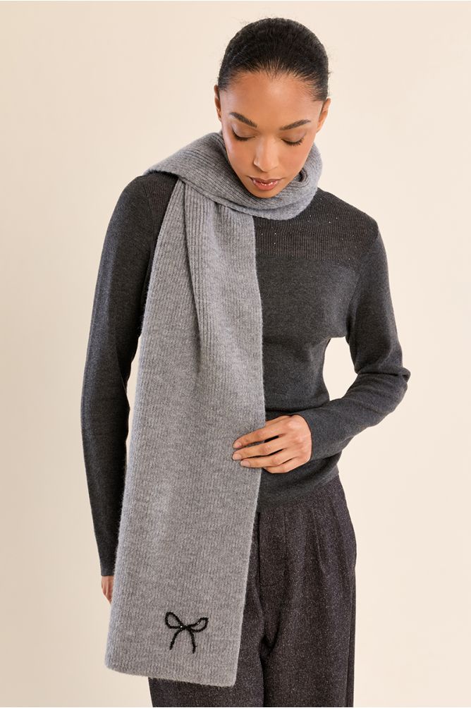 Molly Bracken Ribbed Knit Scarf with Bow Detail - Grey