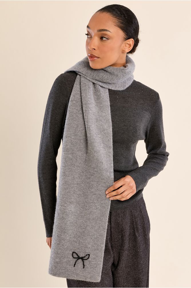 Molly Bracken Ribbed Knit Scarf with Bow Detail - Grey