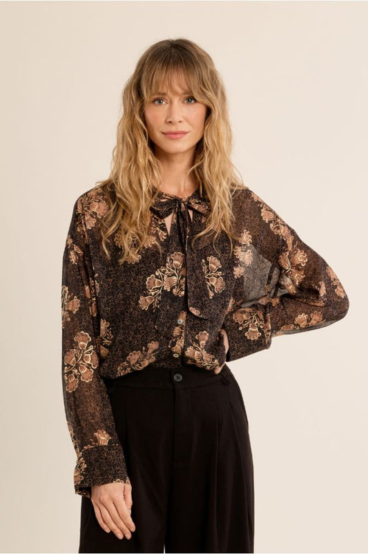 Molly Bracken Sheer Blouse with Pussy bow - Brown Mix