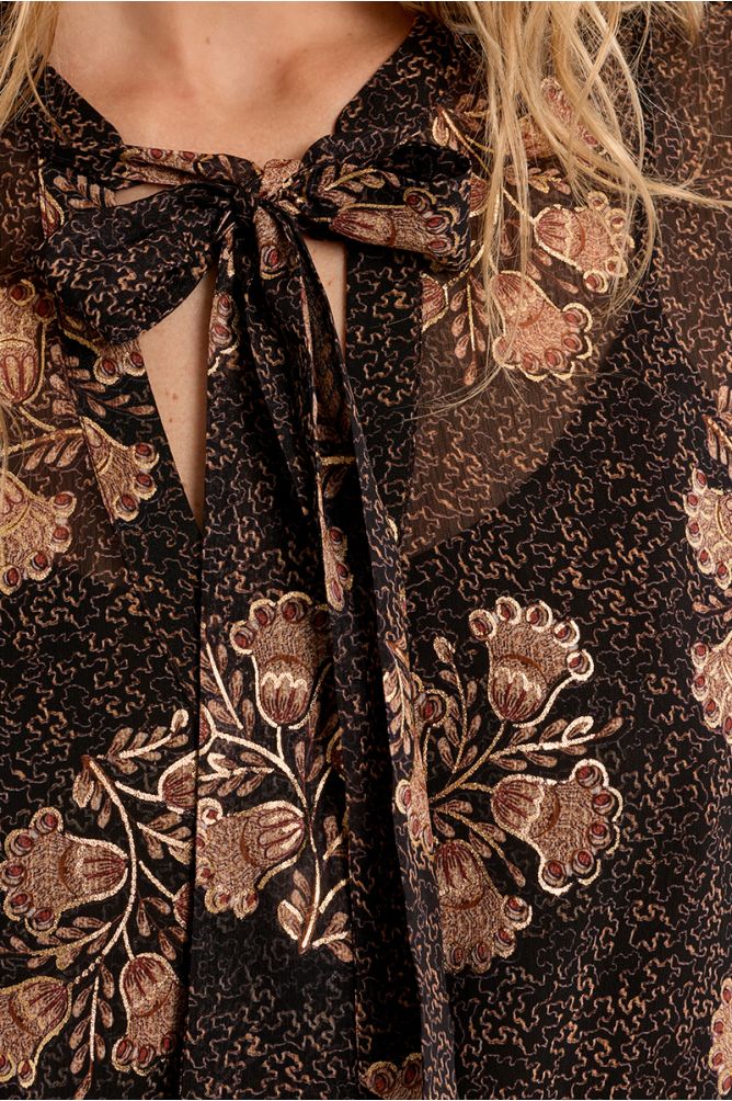 Molly Bracken Sheer Blouse with Pussy bow - Brown Mix