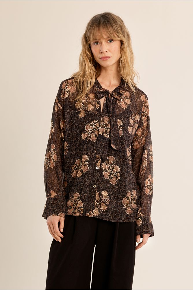 Molly Bracken Sheer Blouse with Pussy bow - Brown Mix