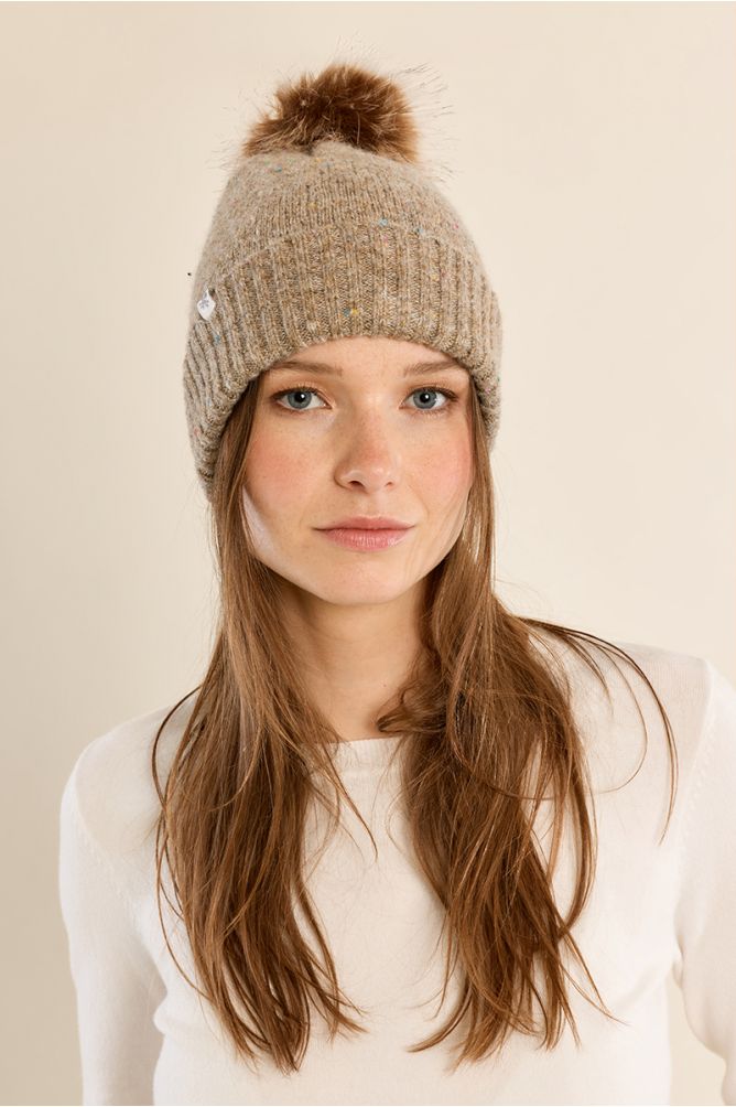 Molly Bracken Knitted Hat with Fleck & Pom Pom - Beige.