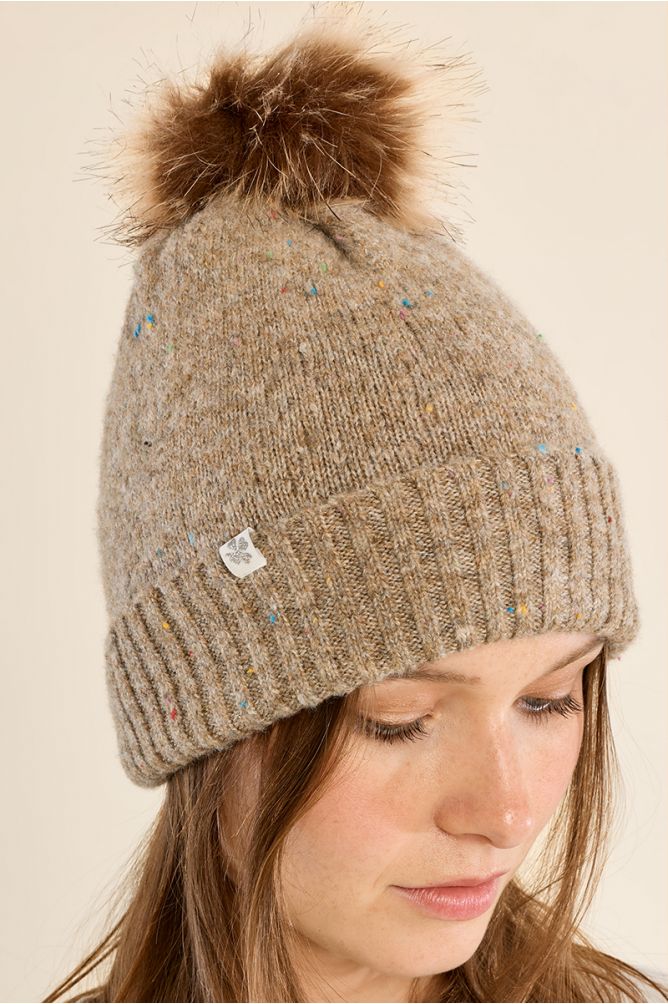 Molly Bracken Knitted Hat with Fleck & Pom Pom - Beige.