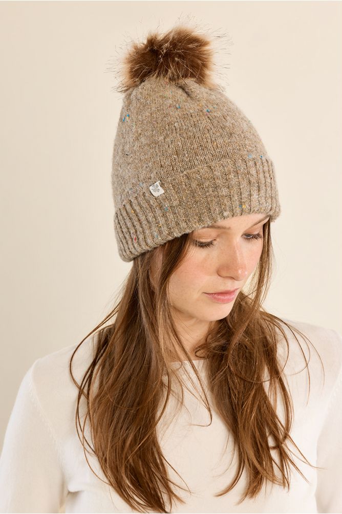 Molly Bracken Knitted Hat with Fleck & Pom Pom - Beige.