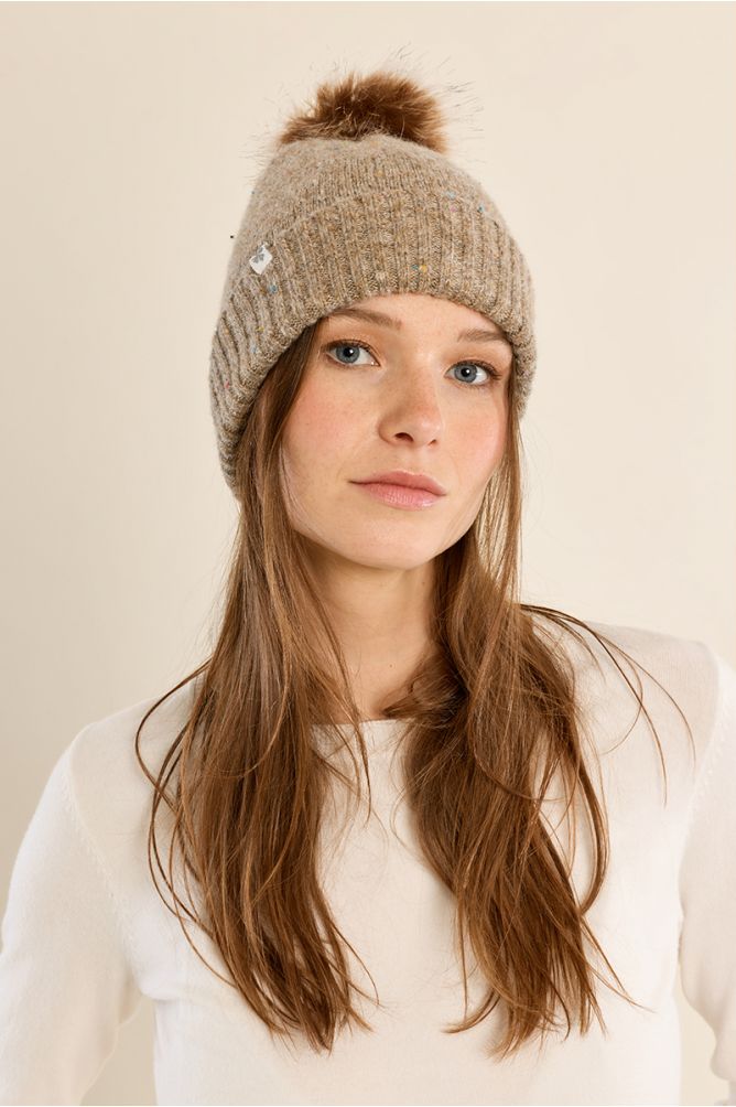 Molly Bracken Knitted Hat with Fleck & Pom Pom - Beige.