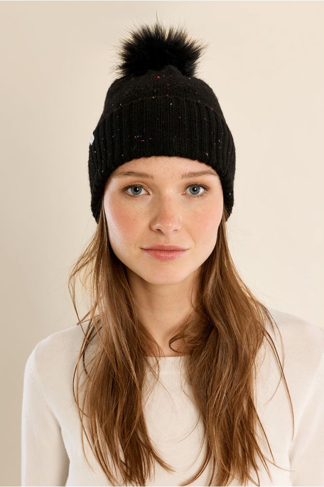 Molly Bracken Knitted Hat with Fleck & Pom Pom - Black.