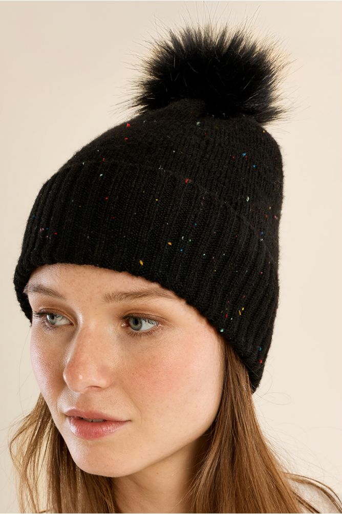 Molly Bracken Knitted Hat with Fleck & Pom Pom - Black.