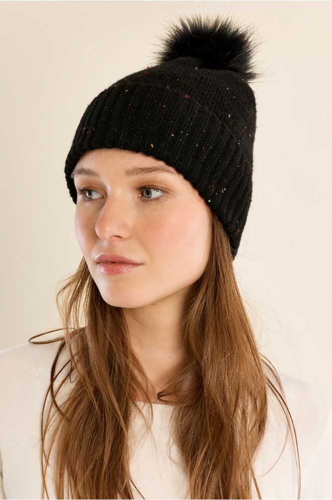 Molly Bracken Knitted Hat with Fleck & Pom Pom - Black.