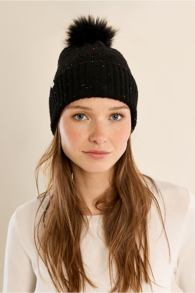 Molly Bracken Knitted Hat with Fleck & Pom Pom - Black.