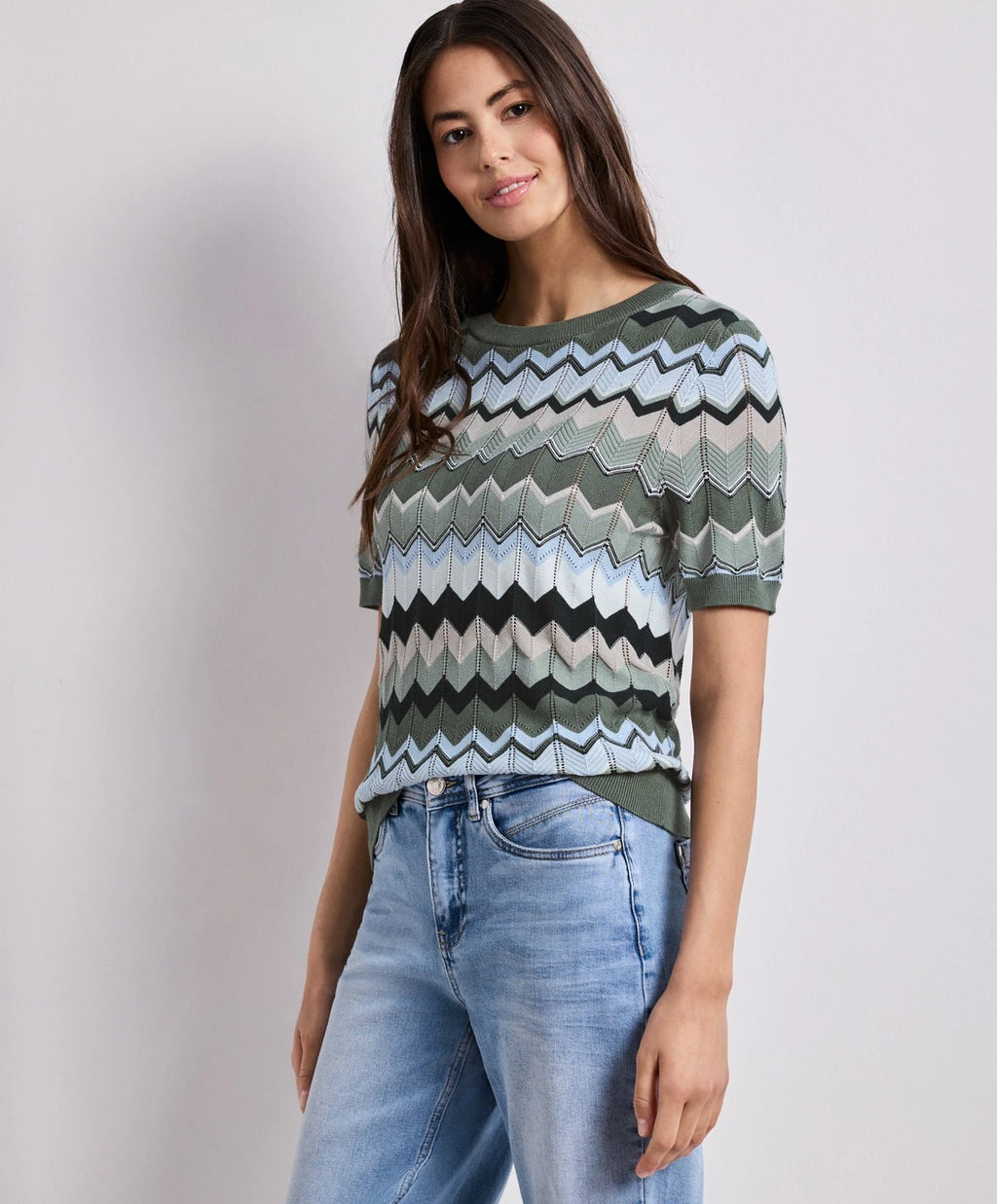 Street One Round Neck Zig-Zag Knit - Green Multi