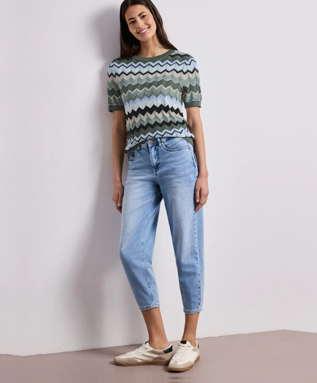 Street One Round Neck Zig-Zag Knit - Green Multi
