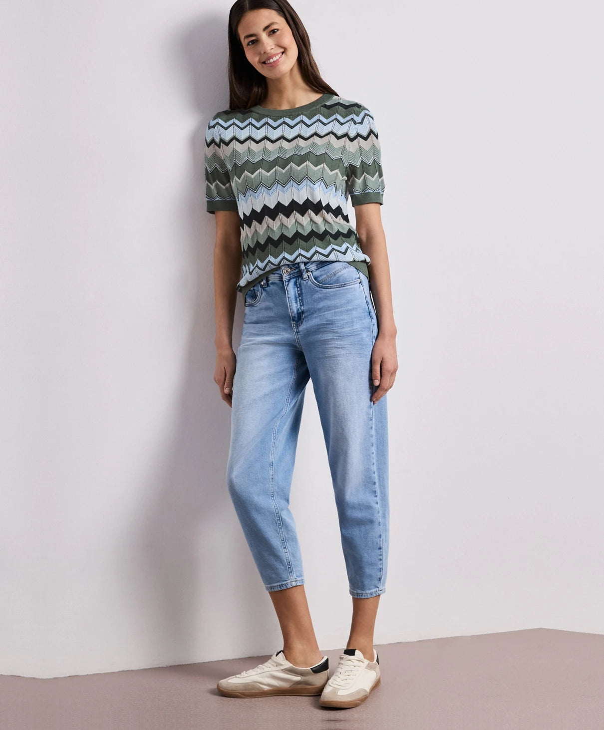 Street One Round Neck Zig-Zag Knit - Green Multi