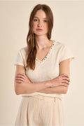 Molly Bracken Top with V Neck & Beading - Cream