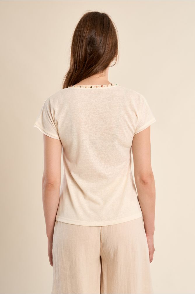 Molly Bracken Top with V Neck & Beading - Cream