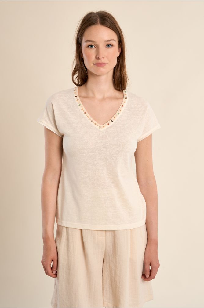 Molly Bracken Top with V Neck & Beading - Cream