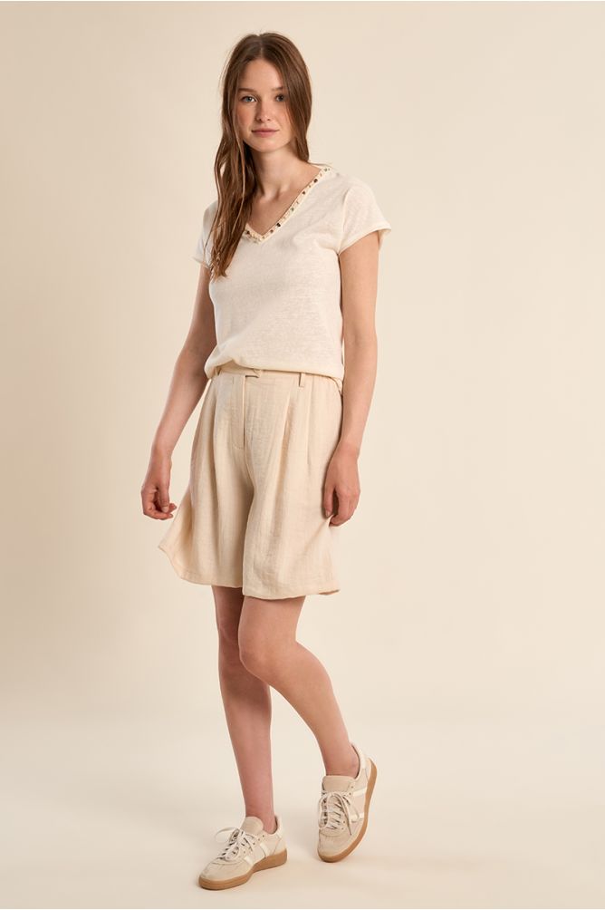 Molly Bracken Top with V Neck & Beading - Cream