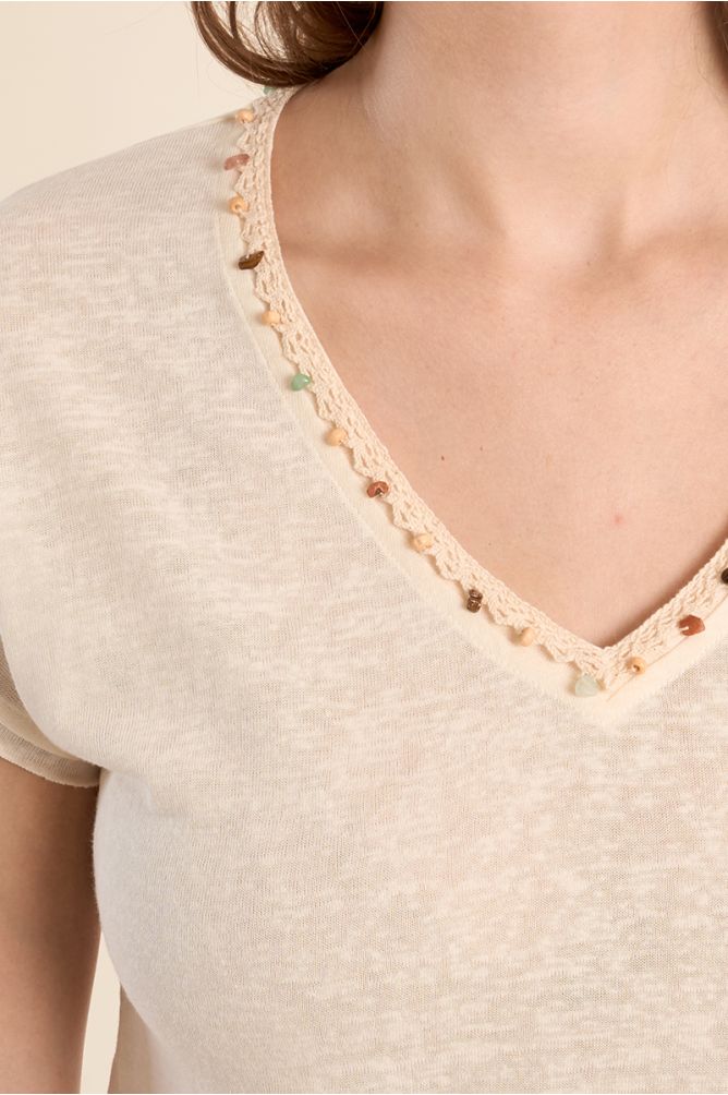 Molly Bracken Top with V Neck & Beading - Cream