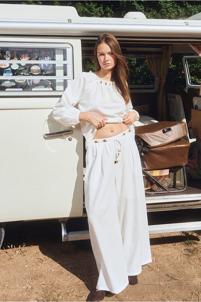 Molly Bracken Wide Leg Trousers with Beaded Drawstring - White.