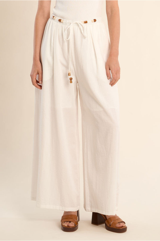 Molly Bracken Wide Leg Trousers with Beaded Drawstring - White.