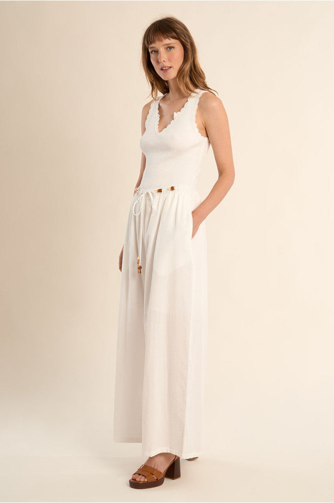 Molly Bracken Wide Leg Trousers with Beaded Drawstring - White.