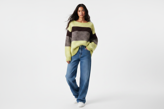 Yellow-Green, Aubergine & Grey-Brown Stripe Knit Jumper