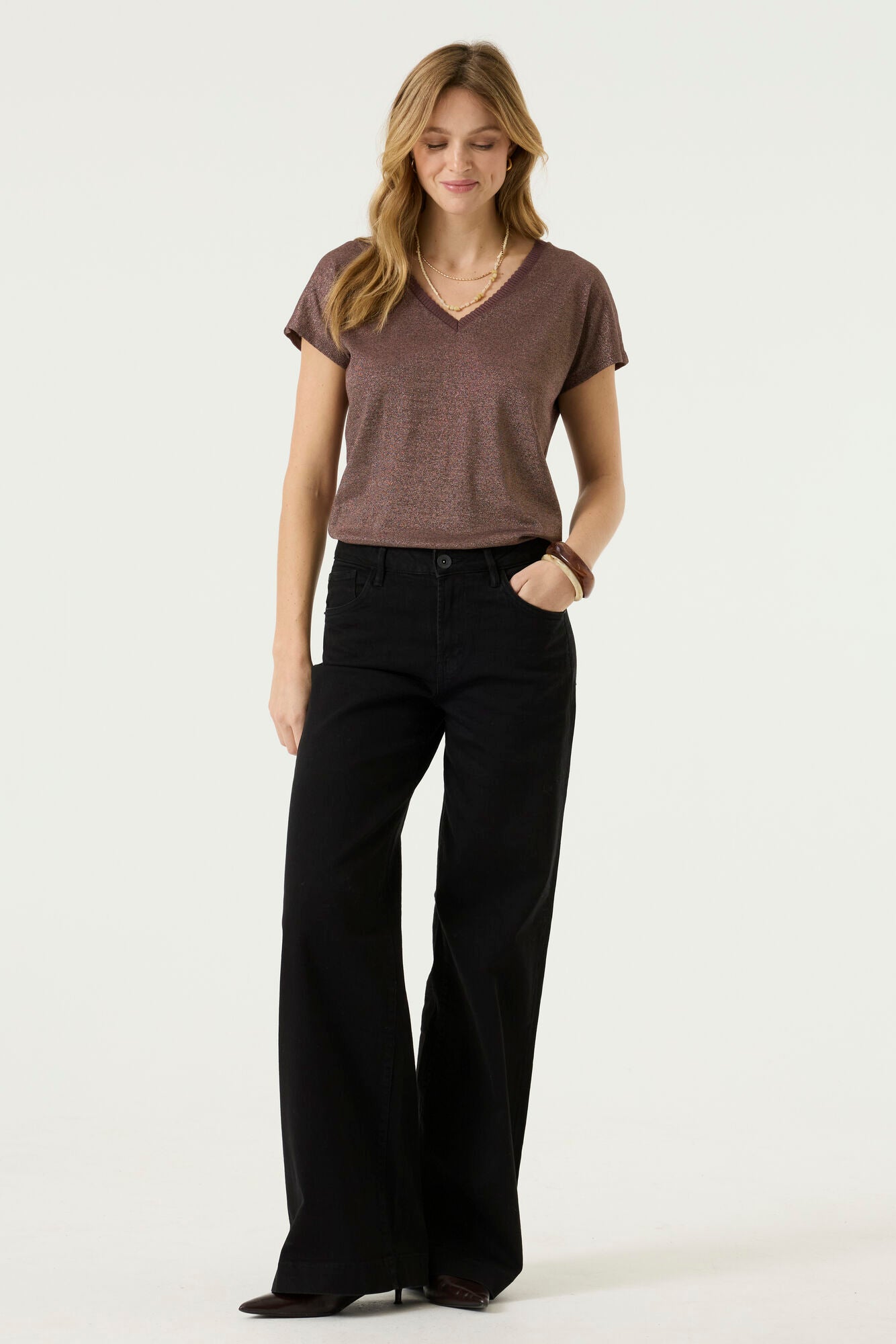 Garcia V Neck Top - Brown / Pink