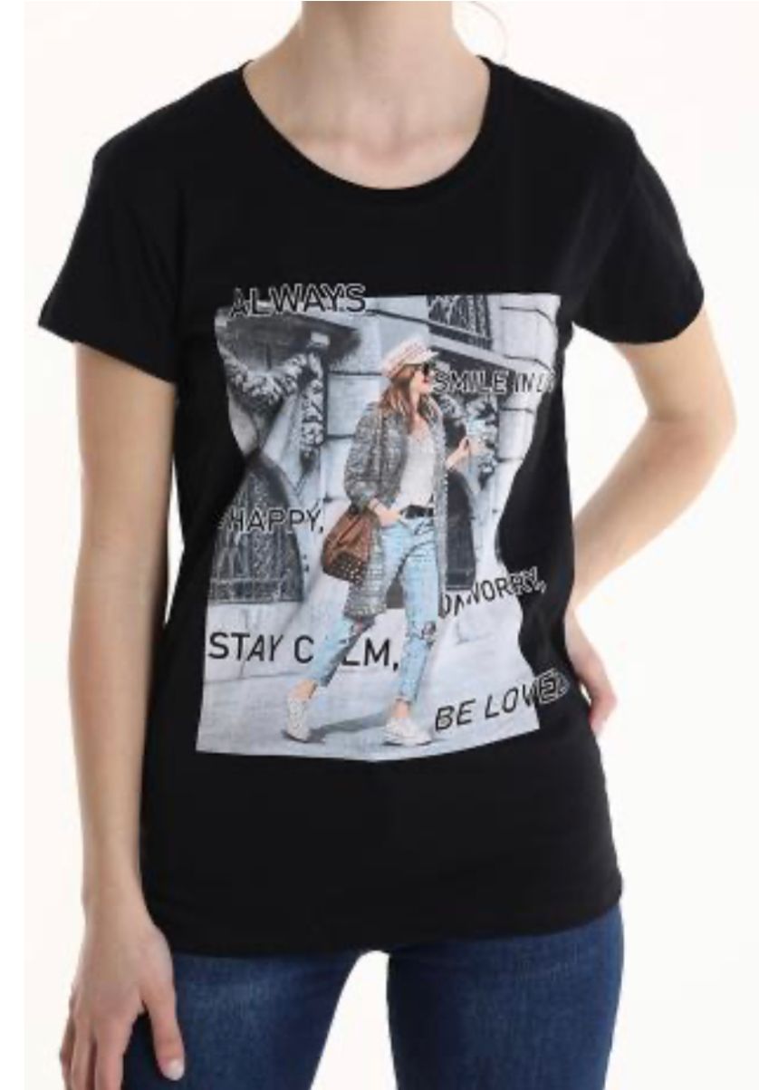 Fashion PO Cotton T/Shirt with graphic lady detail-Black Multi